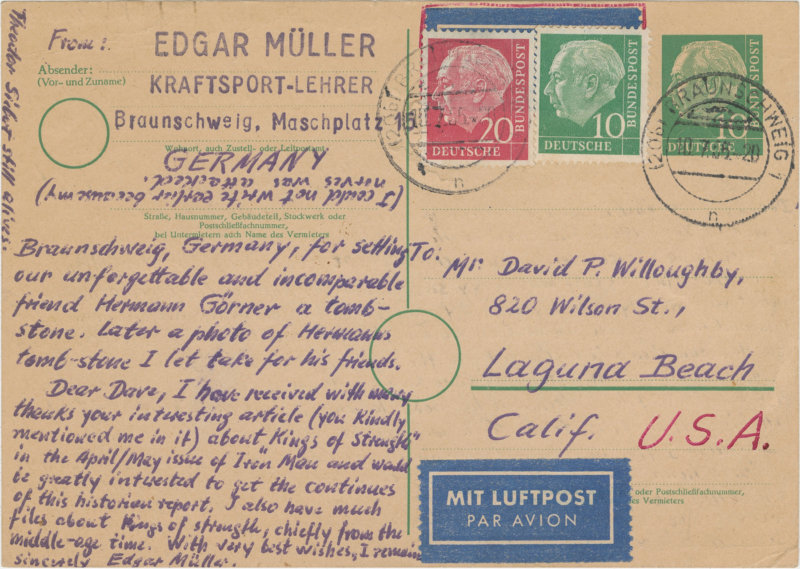 Postcard sent to David Willoughby from Edgar Muller